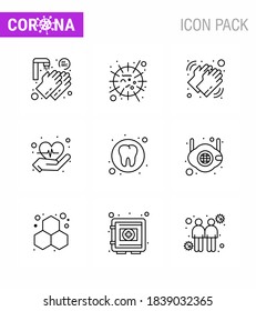 9 Line Set of corona virus epidemic icons. such as  dental; heart; virus; care; dry viral coronavirus 2019-nov disease Vector Design Elements