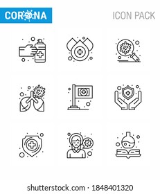 9 Line Set of corona virus epidemic icons. such as  flag; pneumonia; corona; lung; bronchitis viral coronavirus 2019-nov disease Vector Design Elements