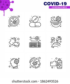 9 Line Set von Corona-Virus-Epidemie-Symbole. wie Waschen; Hände; Pille; Seife; Pharmazie-Schüssel virales Coronavirus 2019-nov Krankheit Vector Design Elements