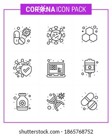 9 Line Set of corona virus epidemic icons. such as  safe; disease; disease; bacteria; laboratory viral coronavirus 2019-nov disease Vector Design Elements