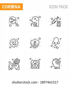 9 Line Set of corona virus epidemic icons. such as  virus; particle; people; infection; syringe viral coronavirus 2019-nov disease Vector Design Elements