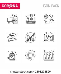 9 Line Set of corona virus epidemic icons. such as  pulses; health; vehicle; care; virus viral coronavirus 2019-nov disease Vector Design Elements