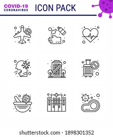 9 Line Set of corona virus epidemic icons. such as  people; healthcare; soap; cough; pulse viral coronavirus 2019-nov disease Vector Design Elements