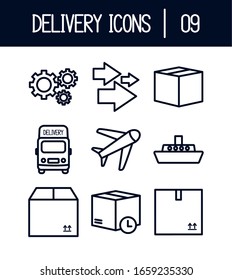 Diseño de conjuntos de iconos de estilo de 9 líneas, logística de entrega transporte almacén de servicios de envío industria y tema global Ilustración de vectores