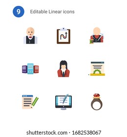 9 linear flat icons set isolated on . Icons set with Croupier, tactics, tailor, Big data, businesswoman, Blog management, SEO copywriting, Copywriting, handmade Jewelry icons.