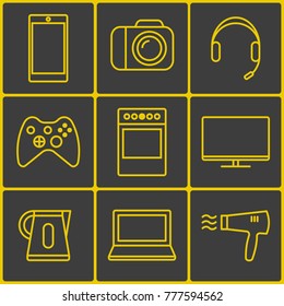 9 linear icons of various household appliances and electronics