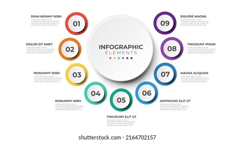 9 list of steps, circular layout diagram with number of sequence, infographic element template