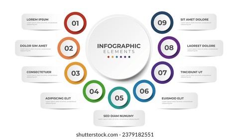 9 list of steps, circular layout diagram with number of sequence, infographic element template