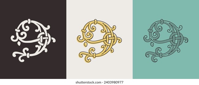 9 logo. Celtic number Nine monograms. Insular style initial with knots and interwoven cords. British, Irish, or Saxons overlapping monogram. Medieval font for tattoo, St. Patrick day, and sportswear.