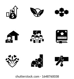 9 iconos rellenos de logotipo aislados en fondo blanco. Iconos con activos, vegetarianos, cadenas de bloqueo, servicio inmobiliario, construcción de equipos, Scrapbooking, fuegos artificiales, íconos de las tendencias de los medios sociales.