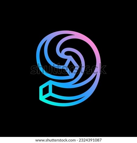 9 logo. Isometric number nine. Neon lights emblem. Multicolor gradient impossible lines design. Cubic bright icon for blockchain labels, nightlife headlines, futuristic posters, NFT advertisement.
