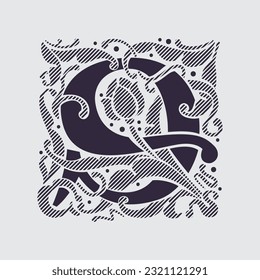 9 logo. Medieval number nine in floral ornament and diagonal hatching. Vintage antique gothic style drop cap. Luxury vector initial. Victorian engraved icon for royal monogram, classic invitation.