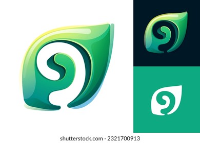 9 logo. Number nine carved in green leaf. 3D realistic icon. Environment friendly forest initial in watercolor style. Font for botanical labels, floral headlines, recycle posters, organic cards.