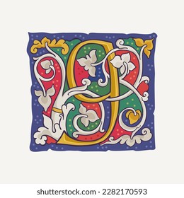 9 logo. Number nine drop cap with interlaced white vine and gilding calligraphy elements. Renaissance initial emblem. Medieval dim colored luxury icon based on Ottonian and Romanesque.