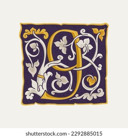 9 logo. Number nine drop cap. Medieval initial with gold texture and white vine. Renaissance calligraphy emblem. Vector premium elements for luxury identity, vintage package, engraved charter, etc.