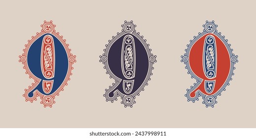 9 logo. Number nine illuminated gothic monogram with naturalistic flowers ornament. Dark age german drop cap. Classic medieval red and blue Latin initials font based on XIV century manuscript.