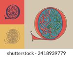 9 logo. Number nine initial with trailing vines of thistle plant. Medieval blackletter drop cap based on Bohemian manuscript. Romanesque style dim colors illuminated emblem. Wax seal monogram.