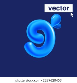 9 logo. Number nine made of blue clear water and dew drops. 3D realistic plastic cartoon balloon style. Glossy vector illustration. Perfect for eco-friendly banners, vibrant emblem, healthy food art.