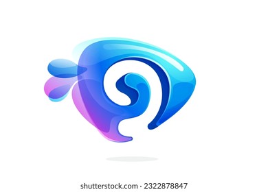 9 logo. Number nine made of spring water and dew drops. Environment friendly initial. Pure eco emblem in overlapping watercolor style. 3D realistic icon in triangle arrow shape. Vector play button.