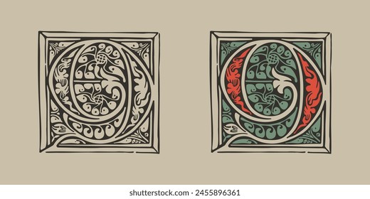 Logo de 9. Número nueve inicial gótico medieval iluminado por adornos de follaje. Gorra alemana grabada. Emblema pintado a mano de la Edad Oscura. Fuente clásica de Latina basada en el manuscrito de adorno del siglo XV.