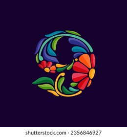 9 logo. Number nine with Mexican colorful and ornate ethnic pattern. Traditional Aztec leaves and flowers embroidery ornament. Vector design for folk Spanish food, holidays, carnival, and party.