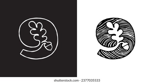 9 logotipo. Nueve con hoja de roble y bellota. Sección transversal de árbol. Textura de madera natural, patrón de anillo. Se cortó la sierra de maletero. Emblema espacial negativo. Icono vectorial para la identidad ecológica, escudo de armas de la universidad.