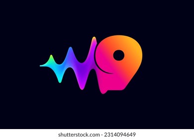 9 logotipo. Logo número nueve con elemento reproductor de música de pulso. Línea de flujo de ondas acústicas vibrantes y efecto de destellos. Icono de degradado de neón. Vector para tienda de tecnología, música electrónica, ecualizador de audio, afiches de DJ.