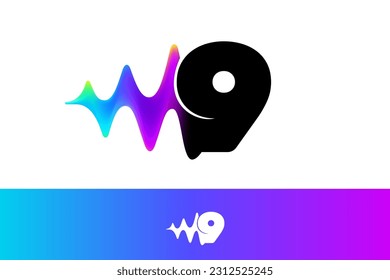 9 logo. Number nine with sound wave flow. Vibrant line glitch effect. Multicolor neon gradient icon. Vector font for audio label, multimedia advertising, DJ posters, game screens, music identity.