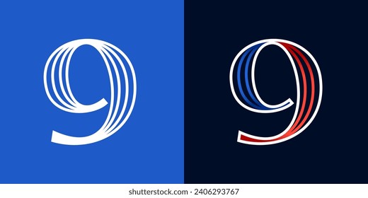 9 logo. Number nine sport style icon. Blue and red lines font. Patriotic emblem for Independence Day. Serif type for college baseball team, basketball uniform, vintage style headlines, motor magazine