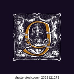 9 logo. Witchcraft number nine sign. Gothic medieval initial. Devil, cancer and ghosts in hell. Engraving drop cap with dots pattern. Alchemy font for Halloween invitations, pagan black magic labels.