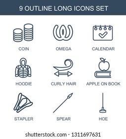 9 long icons. Trendy long icons white background. Included outline icons such as coin, omega, calendar, hoodie, curly hair, apple on book, stapler. long icon for web and mobile.