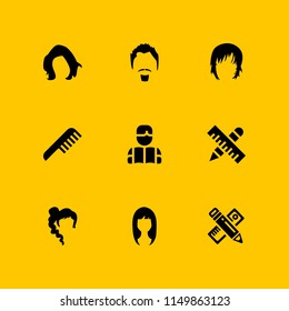 9 long icons in vector set. hair, hypen, ruler and woman dark long hair shape illustration for web and graphic design