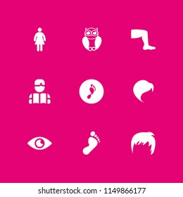 9 long icons in vector set. eye, feet, human feet shape and woman with dress illustration for web and graphic design