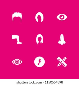 9 long icons in vector set. big nose, eye, ruler and hair illustration for web and graphic design