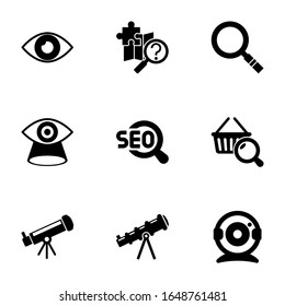 9 Look Filled Icons Set Isolated On White Background. Icons Set With Vision, Quest, Magnifier, Vision, SEO, Marketing Research, Astronomy, Telescope, Web Camera Icons.