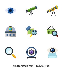 9 look flat icons set isolated on white background. Icons set with vision, Astronomy, telescope, observatory, quest, Marketing research, Magnifier, Web Camera, Vision icons.