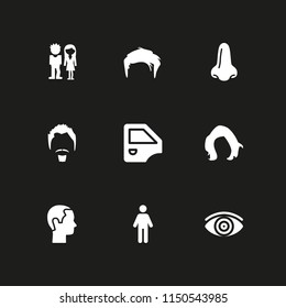 9 look icons in vector set. mirror, masculine user, focus and hair illustration for web and graphic design