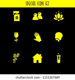 9 love icons in vector set. hand of black human, mouth, flower and health illustration for web and graphic design