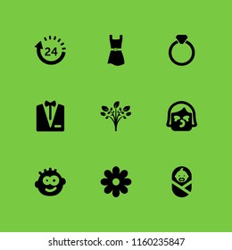 9 love icons in vector set. flower, plant, day and newborn illustration for web and graphic design