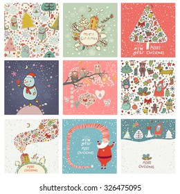 9 lovely Christmas and New Year cards in vector. Sweet holiday backgrounds with fir tree, Snowman, Santa, gifts, snow, owls and other symbols. Great winter holidays collection in cartoon style