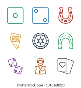 9 luck icons. Trendy luck icons white background. Included outline icons such as Spades, Casino boy, dice, Horseshoe, casino chip, Vegas, horseshoe. luck icon for web and mobile.