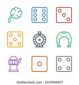 9 lucky icons. Trendy lucky icons white background. Included outline icons such as Dice, Slot machine, horseshoe, Roulette, clover. lucky icon for web and mobile.
