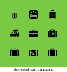 9 luggage icons in vector set. baggage, suitcase, trip luggage and suitcase with wheels illustration for web and graphic design