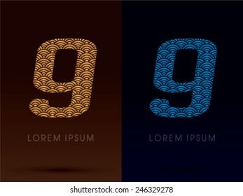 9 ,Luxury font ,designed using gold and blue bold  line, concept shape from water, river, sea, ocean, fish scale, logo, symbol, icon, graphic, vector.