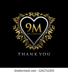9 M thank you Gold balloons and colorful confetti, glitters. Luxury Design for Social Network friends, followers, Web user Thank you celebrate of subscribers or followers, likes.
