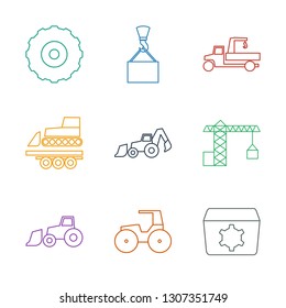 9 machinery icons. Trendy machinery icons white background. Included line icons such as gear, tractor, excavator, construction crane, cargo crane. machinery icon for web and mobile.