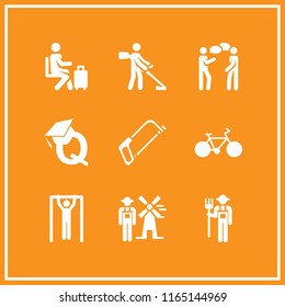 9 male vector icon set with conversation, quality education, tourist and stretching icons for mobile and web