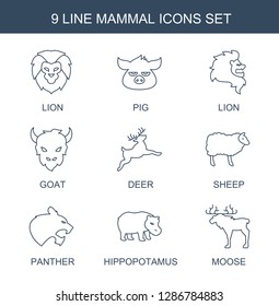 9 mammal icons. Trendy mammal icons white background. Included line icons such as lion, pig, goat, deer, sheep, panther, hippopotamus, moose. mammal icon for web and mobile.
