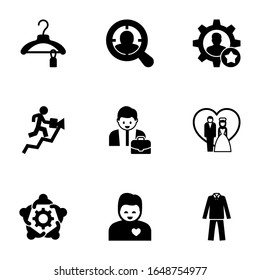9 iconos rellenos de hombre aislados en fondo blanco. Íconos con ropa, público objetivo, destreza, crecimiento profesional, emprendedor, pareja recién casada, trabajo en equipo, iconos de novia.