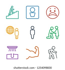 9 man icons. Trendy man icons white background. Included outline icons such as old man, muscle arm, hair removal, marriage proposal, globe and man. icon for web and mobile.